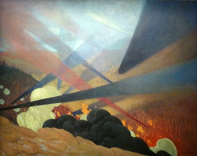 Verdun, quadro di guerra interpretato, proiezioni colorate nere, blu e rosse, terreni devastati, nuvole di gas da Felix Edouard Vallotton